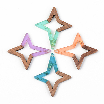 Transparent Resin & Walnut Wood Pendants, with Gold Foil, Star, Mixed Color, 38x33x3mm, Hole: 2mm