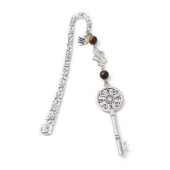 Mother's Day Key & Infinity Love Heart Pendant Bookmark with Natural Tiger Eye, Flower Pattern Tibetan Style Alloy Hook Bookmarks, 145x21x3mm, Pendant: 123x24.5x8.5mm
