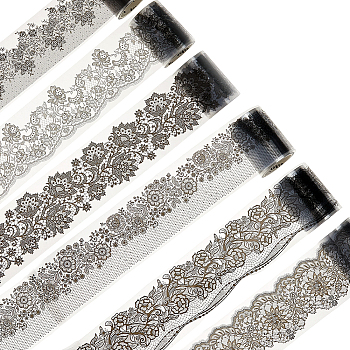 6 Rolls 6 Styles PET Lace Flower Self-Adhesive Roll Sticker, for DIY Photo Album Diary Scrapbook Decoration, Black, 40~55mm, 2m/roll