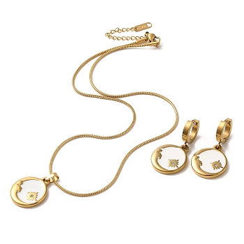 Moon & Flower Golden 304 Stainless Steel Jewelry Set with Enamel, Dangle Hoop Earrings and Pendant Necklace, White, Necklaces: 402mm; Earring: 35x18mm