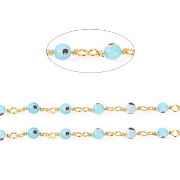 Handmade Evil Eye Lampwork Round Beaded Chains, with Brass Findings, Unwelded, Spool, Long-Lasting Plated, Golden, Light Sky Blue, 12.5x2.8x4x1.5mm, Beads: 4mm, about 32.8 Feet(10m)/roll