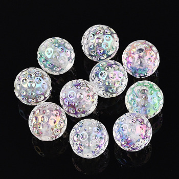 UV Plating Transparent Acrylic Beads, Iridescent, Round with Pitted Surface, Clear, 15.6x15mm, Hole: 3.2mm
