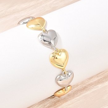 Heart Brass Link Chain Bracelets for Women, Rack Plating, Long-Lasting Plated, Lead Free & Cadmium Free, Two Tone, Real Gold Plated & Real Platinum Plated, 7-3/8 inch(18.8cm)