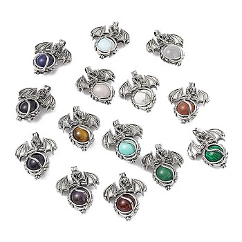 Natural Mixed Stone Pendants, Dragon Charms, with Rack Plating Antique Silver Plated Brass Findings, Cadmium Free & Lead Free, Mixed Dyed and Undyed, 47x37x19mm, Hole: 4mm