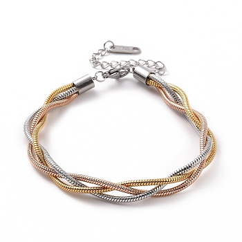 304 Stainless Steel Braided Round Snake Chain Bracelet for Women, Multi-color, 7-1/4 inch(18.3cm)
