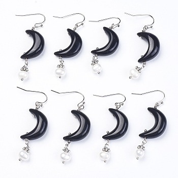 Natural Obsidian Dangle Earring, Crescent Moon Earrings, with Brass Earring Hooks and Alloy Findings, Natural Pearl, Platinum, 51~62x16x8~9mm, pin: 0.6mm.