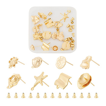 16Pcs 8 Style Brass Stud Earring Findings, with Horizontal Loops and 20Pcs 304 Stainless Steel Ear Nuts, Rectangle & Twist & Starfish & Flower, Golden, 10.7~19x9.5~15mm, Hole: 1~1.6mm, Pin: 0.7~1.3mm, 2Pcs/style