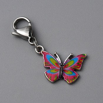 Butterfly Alloy Enamel Pendant Decoration, Stainless Steel Lobster Clasp Charms, Clip-on Charms, for Keychain, Purse, Backpack Ornament, Crimson, 39mm