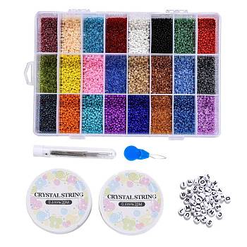DIY Jewelry Set Kits, with Elastic Crystal Thread, Acrylic Letter Beads and Glass Seed Beads, Iron Sewing Needle, Thread Guide Tool, Plastic Box, Mixed Color, 190x130x22mm