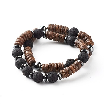 Natural Coconut Rondelle Beads Stretch Bracelets Set for Men Women, Natural Lava Rock & Non-Magnetic Synthetic Hematite Bracelets, Coconut Brown, Inner Diameter: 2-1/4 inch(5.8cm), 2pcs/set