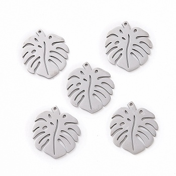 201 Stainless Steel Pendants, Tropical Leaf Charms, Monstera Leaf, Hollow, Stainless Steel Color, 24x21x1mm, Hole: 1mm