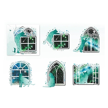 5Pcs 5 Styles Bling Bling PET Waterproof Window Cat Decorative Stickers, Self-adhesive  Decals, for DIY Scrapbooking, Dark Green, Packing: 117x95mm, 1pc/style