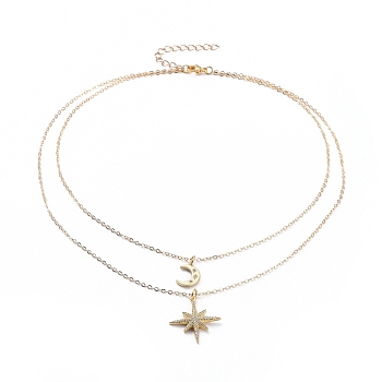 Double Layered Necklaces, with Brass Cable Chain Necklace, 304 Stainless Steel Lobster Claw Clasps, Brass Micro Pave Cubic Zirconia Pendant and Cardboard Packing Box, Star & Moon, Golden, 15.55 inch(39.5cm)