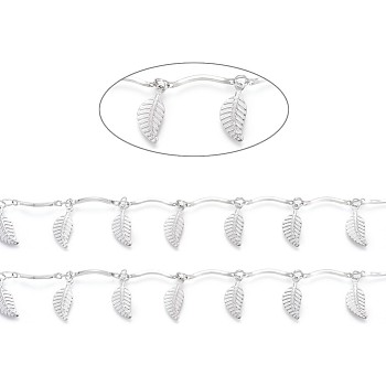 Handmade 304 Stainless Steel Scalloped Bar Link Chains, Soldered, with Leaf Charms and Card Paper, Stainless Steel Color, Bar Link: 16x2x3mm, Leaf: 14x6x0.5mm, about 16.4 Feet(5m)/card