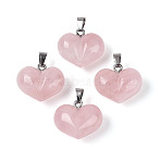 Natural Rose Quartz Chunky Pendants, Heart Charms, with 304 Stainless Steel Snap on Bails, Stainless Steel Color, 17~18x20~20.5x11~12mm, Hole: 5.5~6x2.5~3.5mm(G-T143-19C)