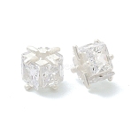 Brass Pave Cubic Zirconia Beads, Square, Long-Lasting Plated, Lead Free & Cadmium Free, Rack Plating, 925 Sterling Silver Plated, 9x9x6.5mm, Hole: 1.9mm(KK-H532-21C-S)