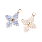 2Pcs 2 Colors Dyed Natural Freshwater Shell Beaded Pendants, with Light Gold Tone Copper Wire Wrapped and Brass Solid Round Beads, Flower Charms, Mixed Color, 26.5x19.5x3mm, Hole: 2.5mm, 1pc/color(PALLOY-JF01910)