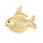 Brass Micro Pave Cubic Zirconia Pendants, Cadmium Free & Lead Free, Real 18K Gold Plated, Fish Charms, Black, 16.5x20.5x6mm, Hole: 3.5mm(KK-D258-02G-06)