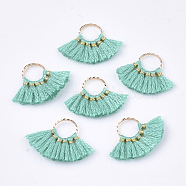 Polycotton(Polyester Cotton) Tassel Pendants Decorations, with Brass Findings, Fan Shape, Golden, Medium Turquoise, 14~15x20~22x1.5mm, Hole: 7mm(FIND-S302-11C)