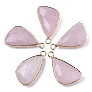 Natural Rose Quartz Pendants, with Light Gold Plated Brass Edge and Loop, Triangle, Faceted, 25~26x16x6mm, Hole: 2.5mm(G-N326-32I)