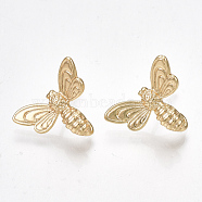 Brass Stud Earring Findings, with Loop, Bee, Nickel Free, Real 18K Gold Plated, 13x17mm, Hole: 1mm, Pin: 0.7mm(KK-S350-024G)
