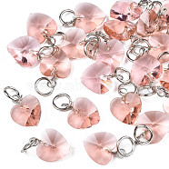 Faceted Transparent Glass Charms, with Iron Jump Ring, Heart, Pink, 13~14x10x5~6mm, Hole: 4mm(GLAA-T024-04J)