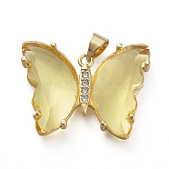 Brass Micro Pave Clear Cubic Zirconia Pendants, with Glass, Butterfly, Golden, Pale Goldenrod, 20x26.5x5mm(ZIRC-P079-A01-13)