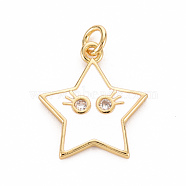 Brass Micro Pave Clear Cubic Zirconia Pendants, with Enamel & Jump Ring, Cadmium Free & Nickel Free & Lead Free, Star Smiling Face, Real 16K Gold Plated, Creamy White, 19x17x2mm, Jump Ring: 5x1mm, 3mm inner diameter(ZIRC-S067-065J-NR)