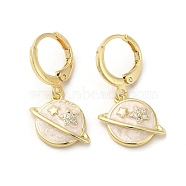 Planet Real 18K Gold Plated Brass Dangle Leverback Earrings, with Enamel and Cubic Zirconia, White, 26.5x15mm(EJEW-L268-034G-03)