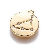 Brass Cubic Zirconia Pendants, Flat Round with Constellation, Golden, Clear, Capricorn, 16x14x1.5mm, Hole: 1mm(ZIRC-O029-11G-08)