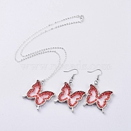 Glass Dangle Earring & Pendant Necklace Jewelry Sets, with Silver Plated Brass Cable Chain, Rack Plating Alloy Open Back Bezel Pendants and Brass Earring Hooks, Butterfly, Red, 17.99 inch(45.7cm), 55mm, Pin: 0.6mm(SJEW-JS01076-02)