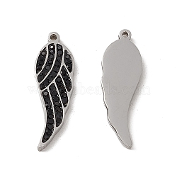 201 Stainless Steel Pendants, Jet Rhinestone Wing Charms, Stainless Steel Color, 22.5x7x2mm, Hole: 1mm(STAS-J401-VC648)