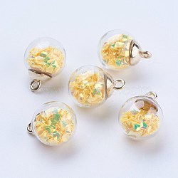 Glass Ball Pendants, with CCB Plastic, Round, Golden, Yellow, 21x16mm, Hole: 2mm(GLAA-G052-03G)