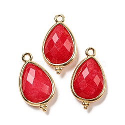 Dyed Natural Malaysia Jade Faceted Pendants, Rack Plating Golden Plated Brass Teardrop Charms, Red, 21x12x5mm, Hole: 1.6mm(G-M431-15G-08)