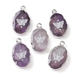 Natural Amethyst Oval Pendants, Platinum Plated Brass Oval Charms with Butterfly, 22~22.5x13~13.5x4.5mm, Hole: 1.6~1.8mm(X-G-C102-07P-03)