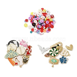100G Handmade Polymer Clay Disc Bead, with 10Pcs Alloy Enamel Pendant, for DIY Finding, Mixed Shapes, 11~26x11~28x1~3.5mm, Hole: 1.4~2mm(PALLOY-XCP0002-02)