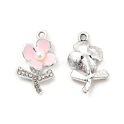 Alloy Rhinestone Enamel Pendants, with ABS Plastic Imitation Pearl Beads, Flower Charms, Platinum, Pink, 19.5x11x4mm, Hole: 1.5mm(ENAM-K020-01A)