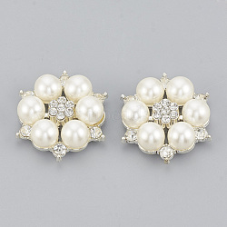 Alloy Rhinestone Flat Back Cabochons, with ABS Plastic Imitation Pearl, Flower, Silver Color Plated, 28x25x8.5mm(RB-S048-19S)