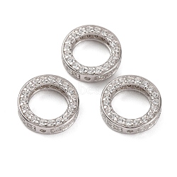 925 Sterling Silver Micro Pave Clear Cubic Zirconia Bead Frames, Flat Round, Real Platinum Plated, 10x3mm, Hole: 0.9mm, Inner Diameter: 6.5mm(STER-P061-01B-P)