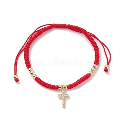 Nylon Thread Braided Charm Bracelets, with Brass Beads & Charms, Cross, Red, Inner Diameter: 2-1/8~4 inch(5.35~10cm)(BJEW-JB06514-02)