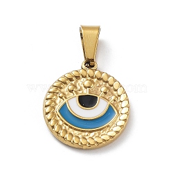 Ion Plating(IP) 304 Stainless Steel Pendants, with Enamel, Golden, Flat Round with Evil Eye Charm, Steel Blue, 18.5x16.5x2mm, Hole: 7.5x3.5mm(STAS-Q311-01G-06)