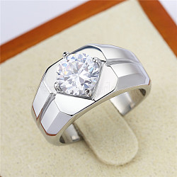 304 Stainless Steel Pave Clear Cubic Zirconia Finger Rings for Men, Flat Round, Stainless Steel Color, US Size 10(19.8mm)(FS-WG96A01-04)