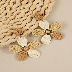 Bohemian Style Flower Alloy Raffia Dangle Stud Earrings, Golden, BurlyWood, 70x50mm(FS-WGE633D-01)