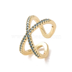 Cubic Zirconia Criss Cross Open Cuff Ring, Golden Brass Jewelry for Women, Deep Sky Blue, US Size 7 1/4(17.5mm)(RJEW-C101-13G-G)