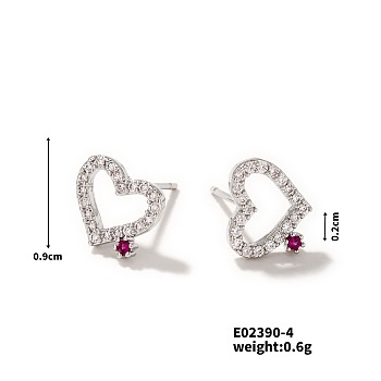 Shiny Romantic Hollow Diamond Heart Stud Earrings Fashionable French Style Jewelry, Platinum, 9x2mm