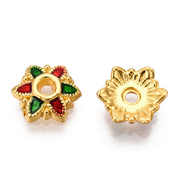 6-Petal Alloy Enamel Bead Caps, Flower, Golden, Red, 7.7mm, Hole: 1.5mm