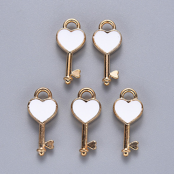 Alloy Enamel Pendants, Heart Key, Light Gold, White, 16x7x2.5mm, Hole: 1.8mm
