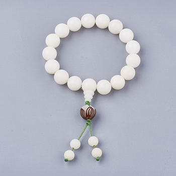 Wood Mala Bead Bracelets, Stretch Bracelets, Round, Creamy White, 2-1/8 inch(5.5cm)