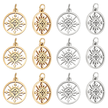 12pcs 2 Colors 304 Stainless Steel Pendants, Flat Round with Compass, Golden & Stainless Steel Color, 17x14.5x1mm, Hole: 3.2mm, 6pcs/color