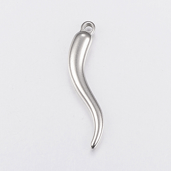 304 Stainless Steel Pendants, Horn of Plenty/Italian Horn Cornicello Charms, Stainless Steel Color, 36x8.5x5mm, Hole: 2mm
